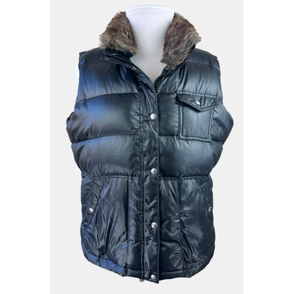 Eddie Bauer Goose Down Puffer Vest Faux Fur Trim XXL Black Zip Snap Gorpcore - Picture 2 of 13